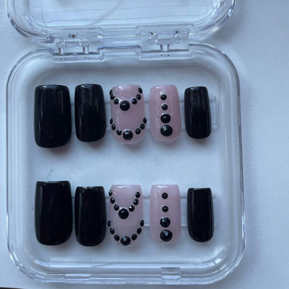 Black Press-On Nails with Rhinestones - Hand Painted